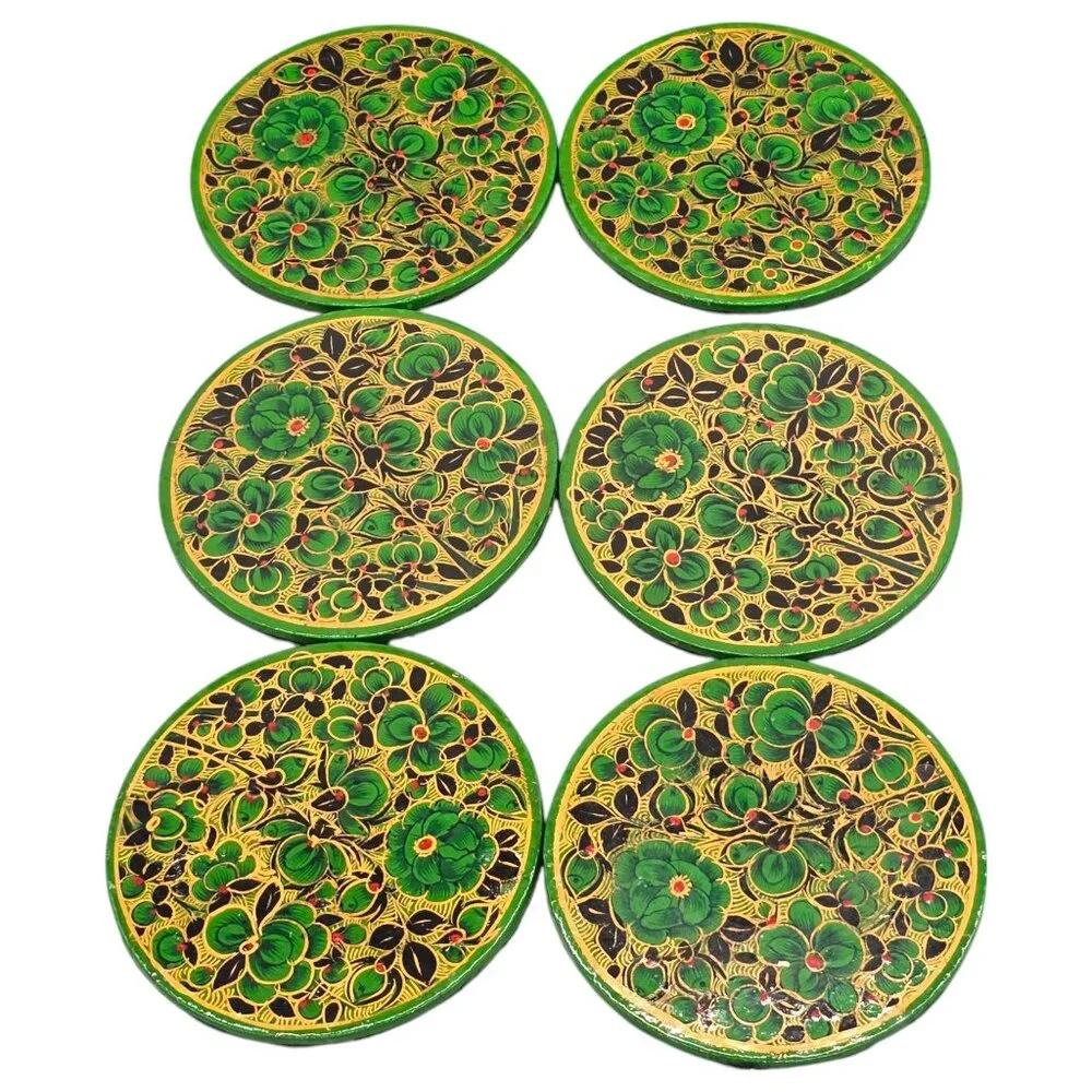 Paper Mache Green Floral Coaster Set Of 6 Storage Box Lacquered‎ Hand Painted